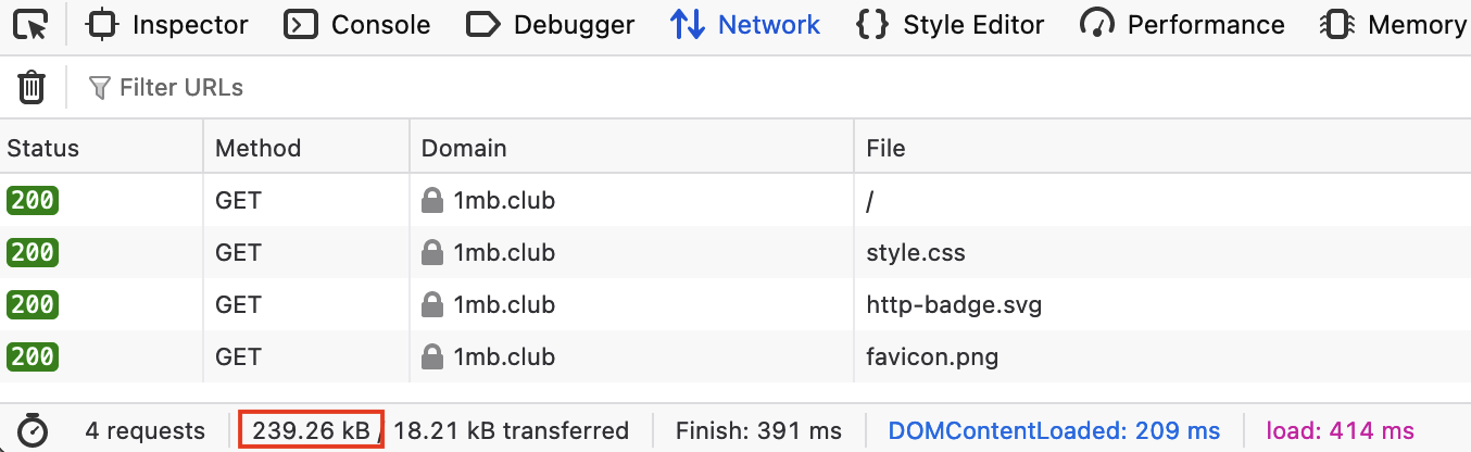 Firefox network tab showing the full web page size of 1MB Club